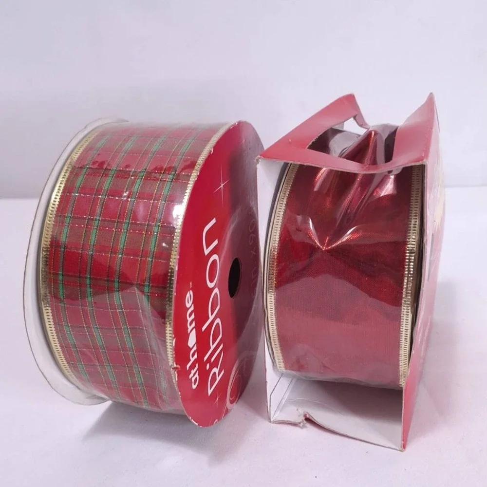 2 At Home Wired Edge Ribbon Red Plaid 2.5in‎ total 190ft Metallic Xmas Holiday
